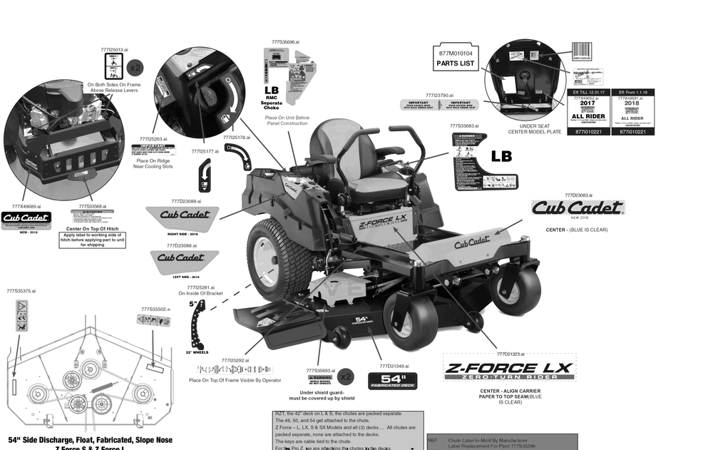 Label Map Diagram and Parts List for Z-FORCELX54KW (17RIDAUC010)(2018) Cub Cadet Lawn Tractor